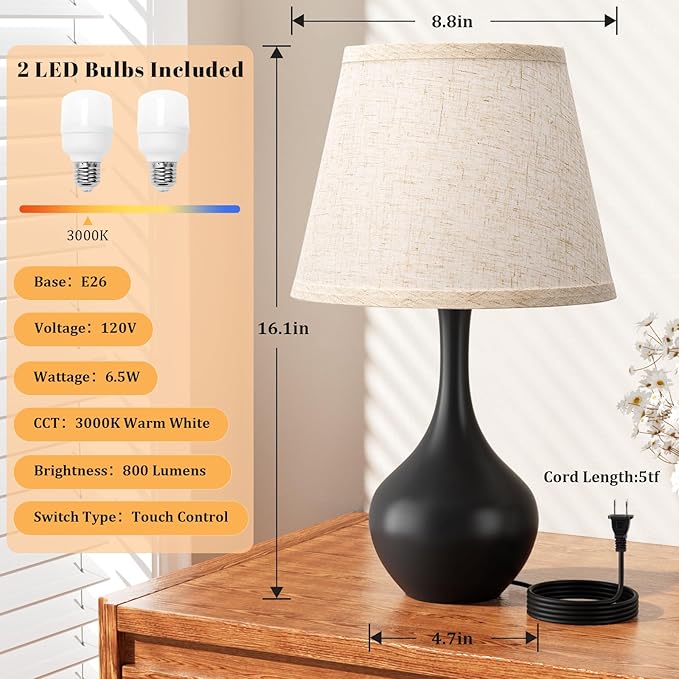 Seealle Touch Table Lamps for Bedroom Set of 2,3-Way Dimmable Small Bedside Lamps for Night Stands with Wires, Black Desk Lamps for Kids Room,Office,Living Room, End Table(LED Bulbs Included)