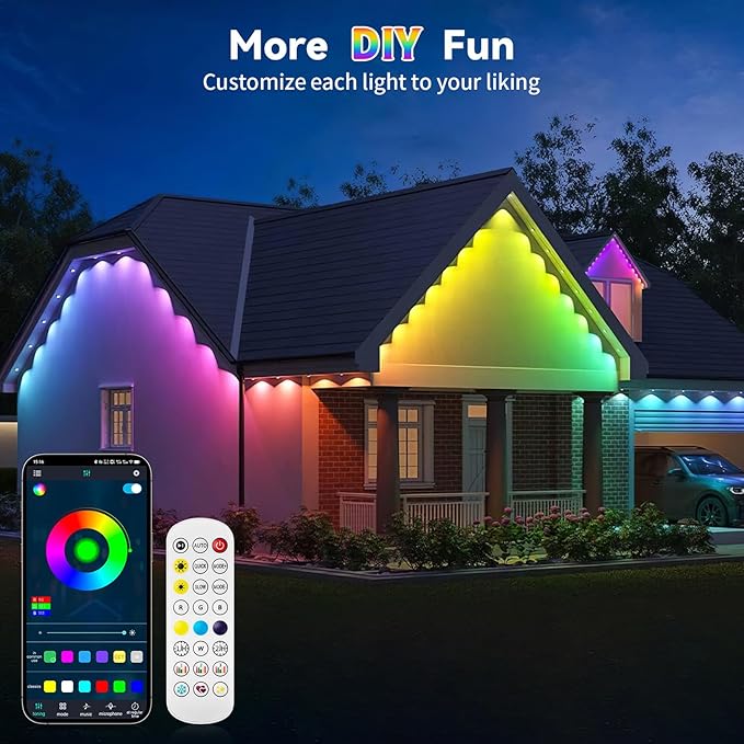Permanent Outdoor Lights, 104FT RGB String Downlights with Colors Scene Modes, IP67 Waterproof Smart LED Eaves Lights for Christmas, Halloween, Party