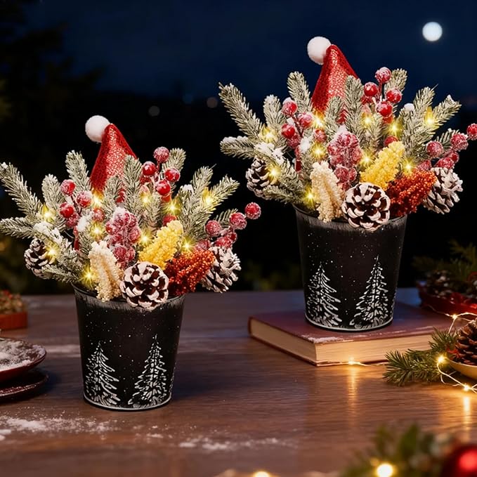 KC&KST 2PC Christmas Centerpieces for Tables with LED Lights - Tabletop Artificial Floral Arrangement Decorations, Pine Cones and Berries, Xmas Small Potted Holiday Table Decor(Small Christmas Tree)