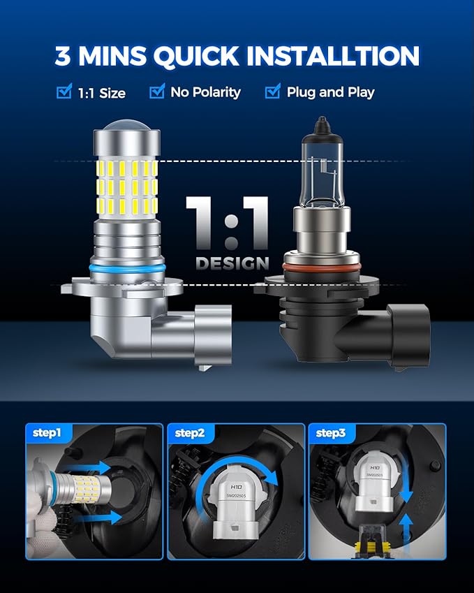 Marsauto 9145 H10 LED Fog Light Bulbs, 10,000 lumens 6000K Cool White, 48 Chips DRL Bulb, H10 Led Bulb 1:1 Mini Size 9140 9040 9045 Led Fog Lights, 360° Illumination, Powersports Accessory Lights
