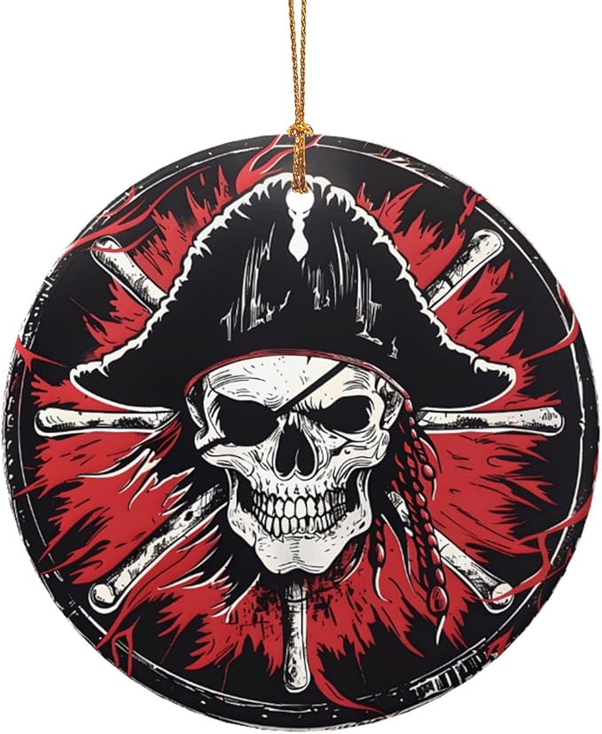 Retro Skull Pirate Christmas Ornaments, Christmas Decorations Xmas Tree Hanging Ornaments, Round Ceramic Festive Keepsake Gift for Xmas Decorations Holiday Home Decor
