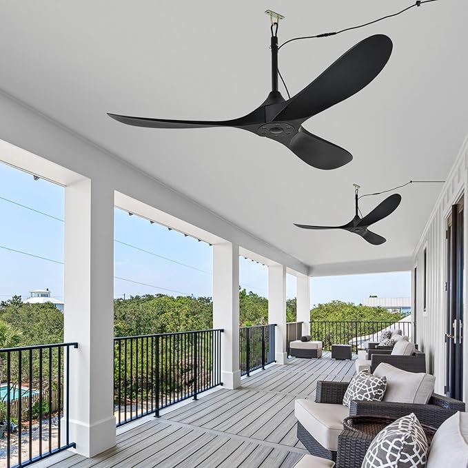 Outdoor Ceiling Fan no Light Waterproof - Plug in Hanging Hook for Patio, Porch, Gazebo - 42 inch Wet Rated Weatherproof Exterior Black 3 Blades Ceiling Fan with Remote