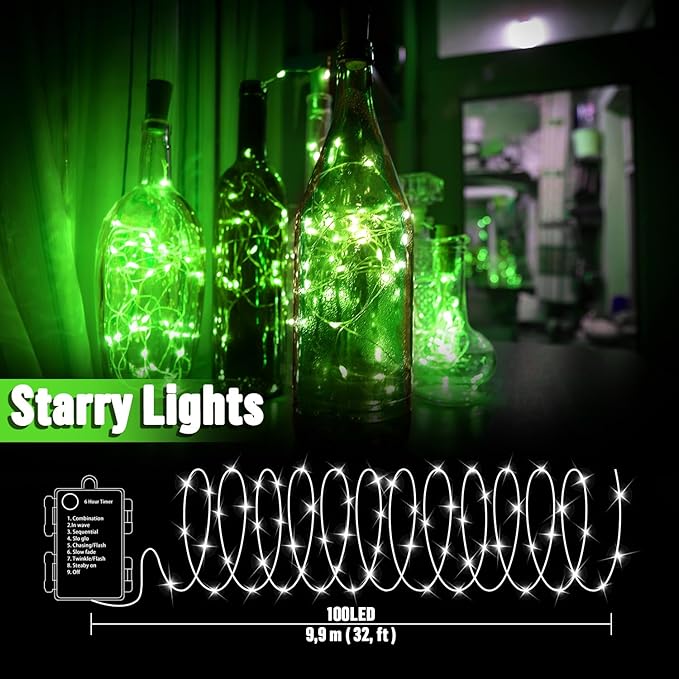 LAMPHOME 100 LED Fairy Lights Battery Operated, Mini Battery Powered Copper Wire Starry String Lights,Light Length 32.5Ft, Multi Functions & timerWith Remote,St Patrick's Day Decorations,Green
