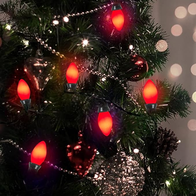 25 Pack Red Bulbs,C7 Red Replacement Spare Incandescent Christmas Light Bulbs,5w Vintage Glass Ceramic Light Bulbs C7/E12 Base for Indoor Outdoor Christmas Valentine String Lights