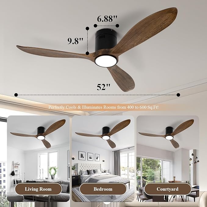 VACILL Wood Flush Mount Ceiling Fan with Light and Remote,52 inch Low Profile Ceiling Fan,Wooden Fan 3 Blades,6 Speed,LED Dimmable,DC Motor(Amber Wood)