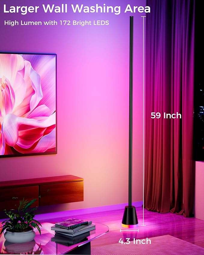 Corner Floor Lamp, Smart RGB LED 60 Inch Standing Lamp with 344 LEDs, App & Remote Control, 16 Million Colors & Music Sync for Bedroom, Gaming Room, Home Decor, Modern Ambient Lighting