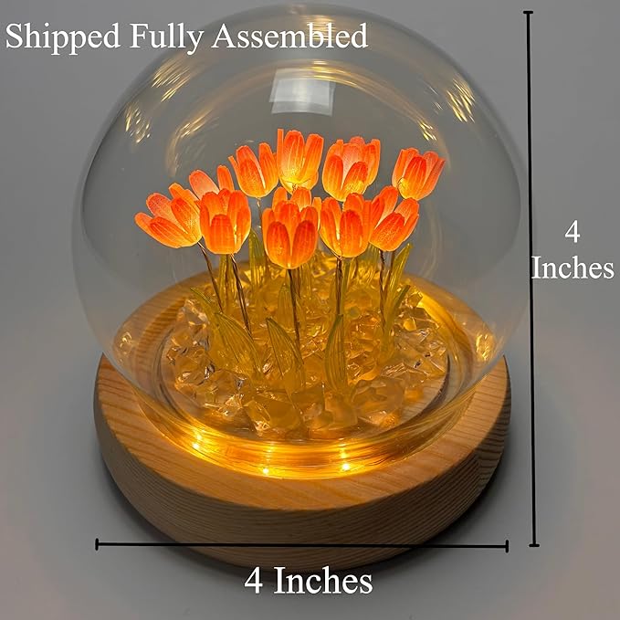 Tulip Lamp Glass Globe - Illuminated Flower Lamp with Glowing Blooms on Wooden Base - Battery-Powered Decorative Night Light for Bedroom, Living Room & Home Decor
