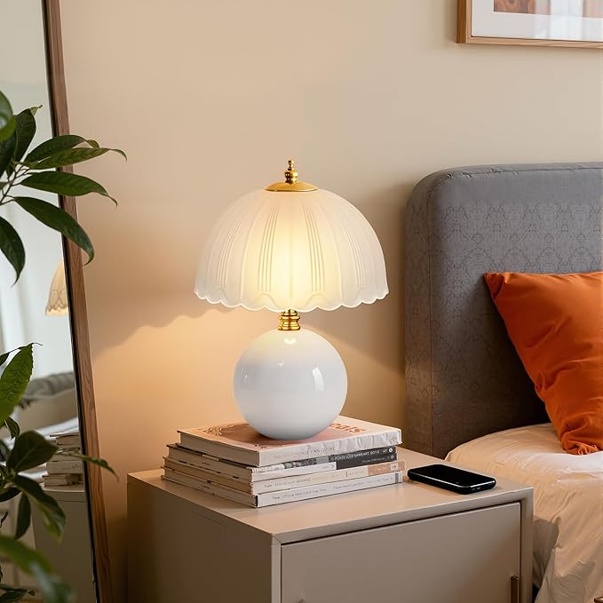 PARTPHONER Mushroom Table Lamp, Ceramic Bedside Lamp with Glass Shade, 3-Way Lighting (2700K-5000K) Rocker Switch, Small Nightstand Lamp for Bedroom, Living Room, Office, White