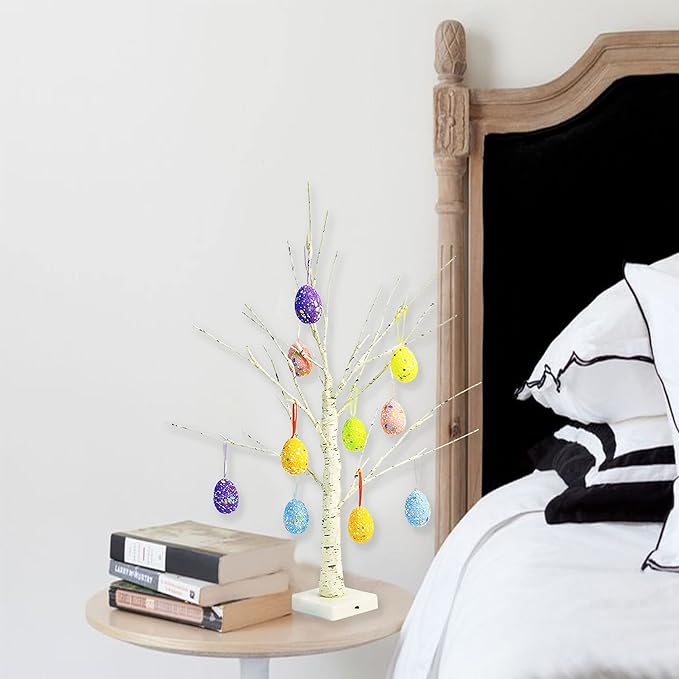 Easter Decorations kemooie 24 Inch Pre-lit White Birch Tree with 10 Hanging Easter Egg Ornaments, 24 Led Lights Battery Operated Easter Table Centerpiece for Party Birthday Home Spring Decoration