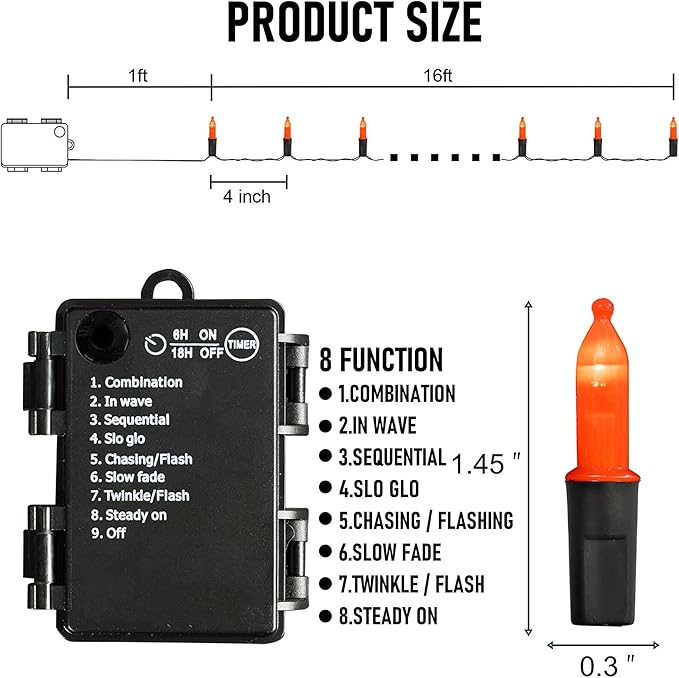 Battery Operated Halloween Lights, 2 Pack 50 LED 16FT Orange String Lights Outdoor, Waterproof Mini String Tree Light with 8 Modes, Halloween Decorations for Indoor Patio Garden Party Decor