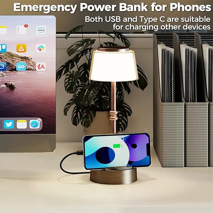 LED Cordless Lamp, 5 Colors Stepless Dimming Table Lamp, 4400mAh Rechargeable Battery with USB Charging Port, Portable Touch Bedside Light for Patio, Restaurant, Dining (1, Antique Brass)