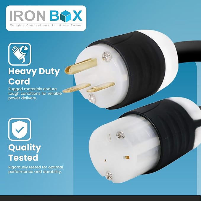 IronBox Electric - NEMA 6-15 Adapter Extension Power Cord - Rated for 15A/250V - 14 AWG Jacket - Heavy Duty Extension Cable - Weatherproof Design - Ideal for Indoor and Outdoor Use (15 feet, Build)