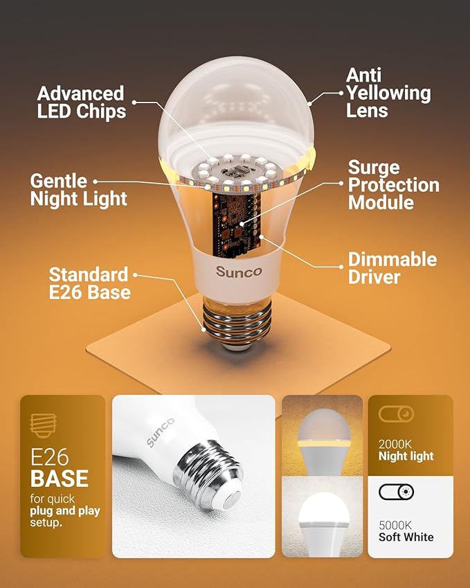 Sunco 6 Pack A19 Night Light Bulbs, Sleep Lights for Bedroom, Lamp, Nursery, Mood Soothing, 800 LM (80 LM Nightlight), 5000K Daylight (2000K Amber Glow), Dimmable, E26 Base UL