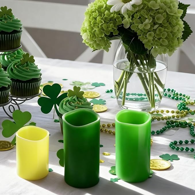 VIHOSE St. Patrick's Day Flameless Candles Battery Operated Flameless Pillar Candles Real Wax Fake Candle with Remote and Timer Flickering for St. Patrick's Easter Gift Home Party