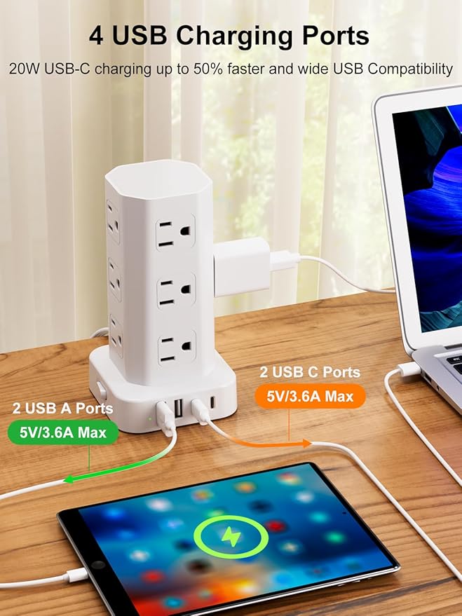 Power Strip Tower Surge Protector, 6FT Flat Plug Extension Cord with Multiple Outlets, 12 AC Outlets 4 USB (2 USB C), Desktop Charging Station with Surge Protection for Home Office Dorm Room, White