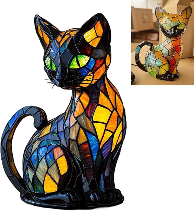 Cat Lamp, Stained Glass Cat Lamp, Decorative Resin LED Night Light for Cat Lovers, USB Vintage 3D Table Lamp Cozy Glow for Desk & Mantel – Fun Gift for Pet Owners (Little Kitten)