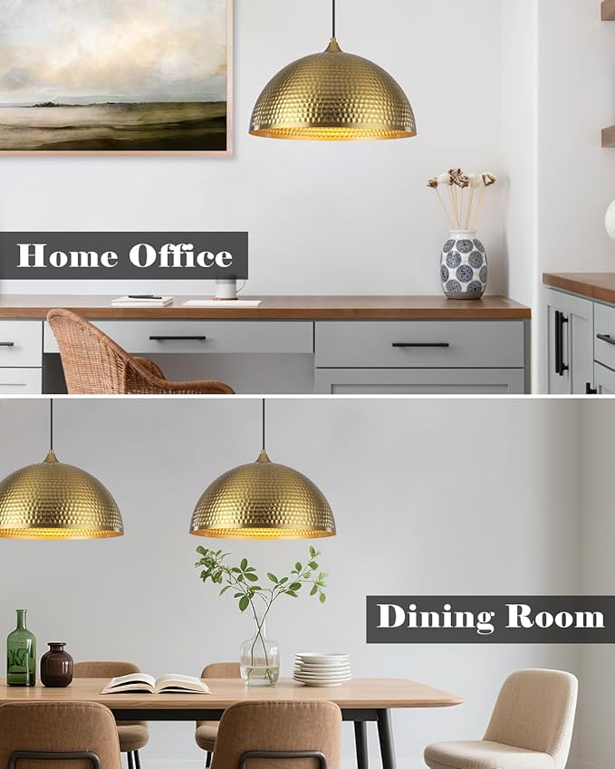 Gold Pendant Light 16 inch, Hammered Large Dome Pendant Light, Industrial Farmhouse Pendant Lights Kitchen Island, Gold Kitchen Pendant Lights for Kitchen, Dining Room Living Room 2 Pack
