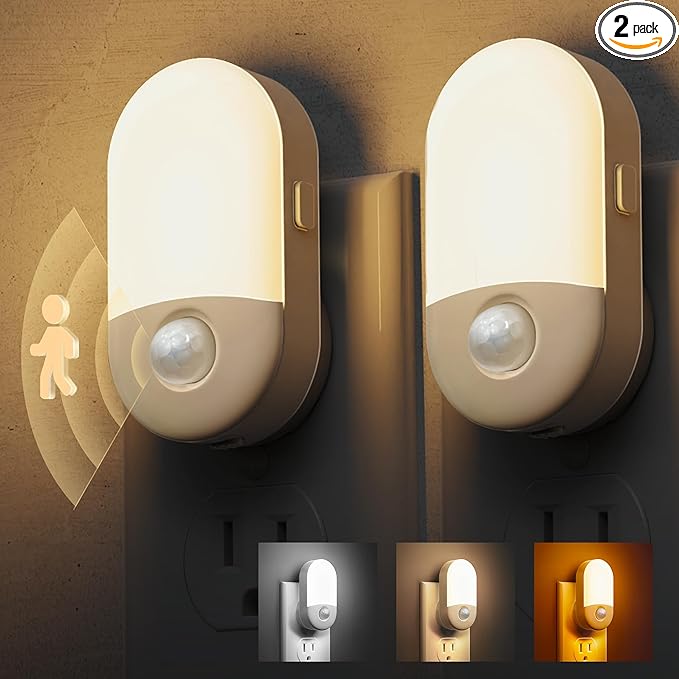 L LOHAS LED Motion Sensor Night Light, 2Pack, Motion Activated Night Light, Night Lights Plug into Wall, 3CCT Amber/3000K/5000K, Adjustable Brightness 30/60LM, for Kids Adults Bathroom Bedroom