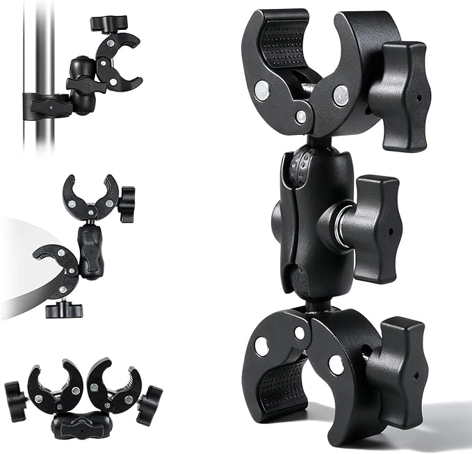 Double Ball Head Camera Clamp - Adjustable Mounting Bracket with Pliers-Style Grips for Photo Studio Equipment, Light Stands, Reflectors, Monitors, and Golf Cart Crossbars（6-9inch）
