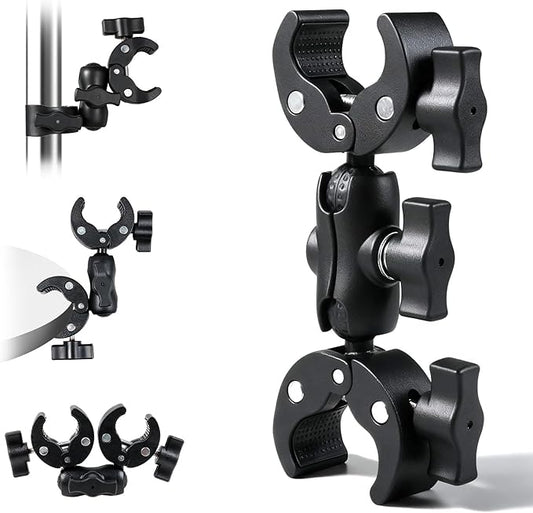Double Ball Head Camera Clamp - Adjustable Mounting Bracket with Pliers-Style Grips for Photo Studio Equipment, Light Stands, Reflectors, Monitors, and Golf Cart Crossbars（6-9inch）