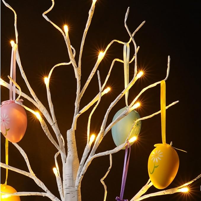 Easter Tree Lamp Lighted up Easter Decorations for Tabletop, Artifical Mini Birch Tree Bonsai Decor for Bedroom Bedside Fireplace Aesthetic,Battery and USB Dual Powered(Includes 8 Easter Eggs),23.6''