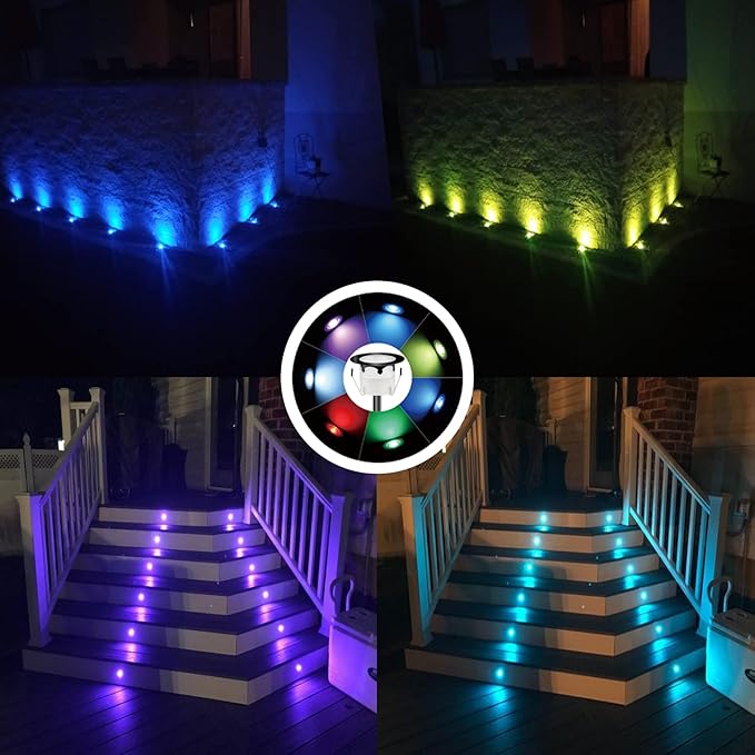 LED Outdoor Deck Lights with Photocell, RGB Φ1.77in Low Voltage 12V DC IP67 Waterproof, Remote Dimmable Multi Color Change, Electric Wired Recessed Stair Step Landscape Lighting, 8 Pack Black