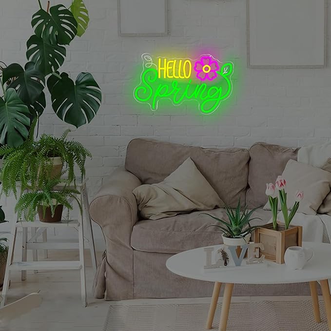 Hello Spring Neon Sign Daisy Flower Led Signs Dimmable Hello Spring Sign Springs Welcome Neon Lights Easter Decorations for Home Office Classroom Party