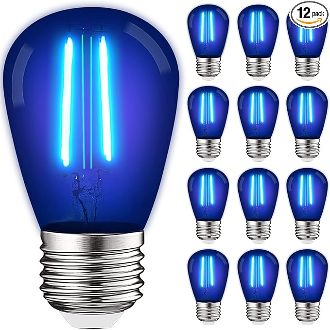 LUXRITE 12-Pack S14 Edison LED Blue Light Bulb, 0.5W, Colored LED Bulbs for Outdoor String Lights, UL Listed, E26 Base, Indoor Outdoor, Decoration, Party, Holiday, String Light Replacement Bulbs
