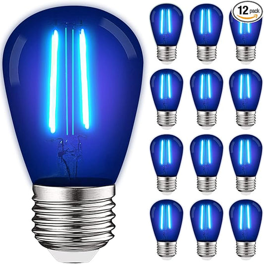 LUXRITE 12-Pack S14 Edison LED Blue Light Bulb, 0.5W, Colored LED Bulbs for Outdoor String Lights, UL Listed, E26 Base, Indoor Outdoor, Decoration, Party, Holiday, String Light Replacement Bulbs
