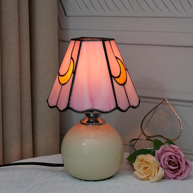 Mushroom Lamp Tiffany Lamp Stained Glass Table Lamp Moon Cute Small Bedside Lamps for Living Room Home Decor,Unique Aesthetic Home Living Room Decor Girls Women Birthday Day Gift,Pink