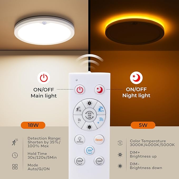 Motion Sensor Ceiling Light with Remote, Night Light 2000K, 8.7 Inch Wired Flush Mount 3000K/4000K/5000K Selectable, 1800LM Dimmable Motion Sensor Light Indoor for Closet Hallway Stairs White