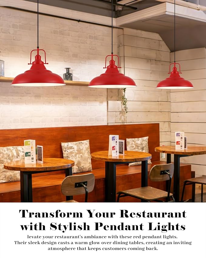 Red Pendant Light Kitchen Island,16 Inch Large Industrial Pendant Lights, Matte Red Pendant Lights, Vintage Farmhouse Pendant Light for Kitchen Island, Dining Room, Hallway (2 Pack)