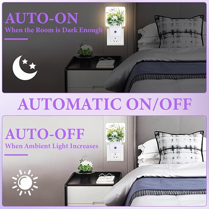 Dragonfly Night Light,White Floral Plug-in Night Lights with Dusk-to-Dawn Sensor for Bedroom,Bathroom and Living Room Sleep Friendly lamp 0.5w