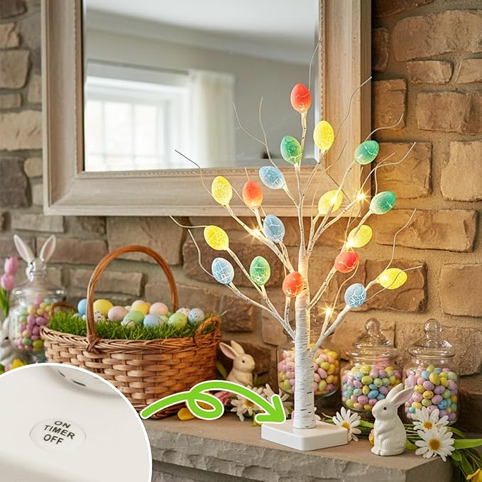 PEIDUO Easter Decorations, 22 inch Easter Tree with 24 LED Warm White, Battery Powered Egg Tree for Spring Home Table Decor