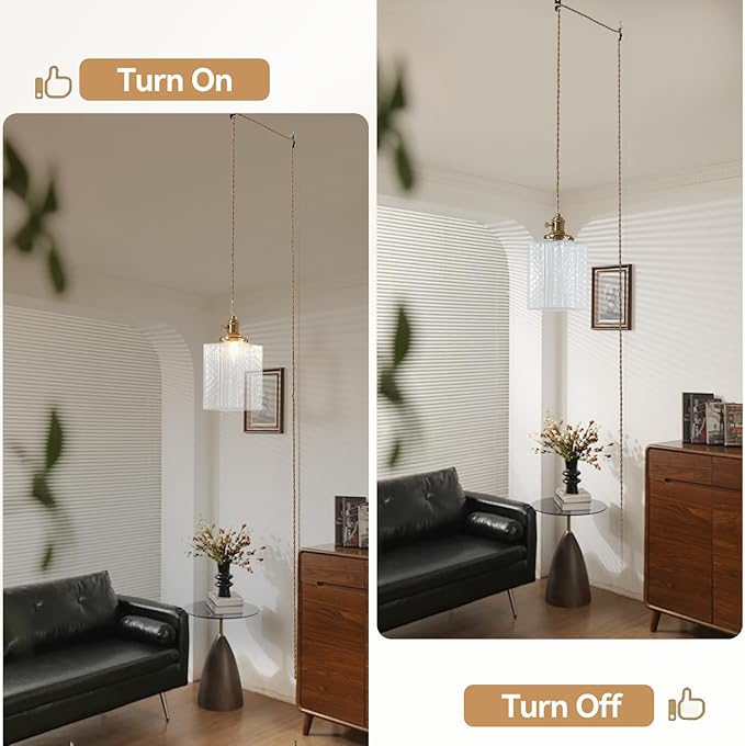 Hanging Lamp Plug in Golden Adjustable Light Cord Plug in Pendant Lights 6.5 Inch Glass Lampshade Hanging Pendant Light Hanging Light Fixture with Plug in Cord for Dining Room with Light Bulb