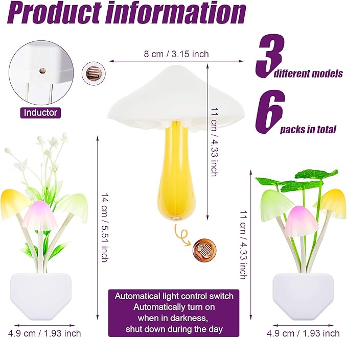 Mudder 6 Pack Mushroom Night Light LED Night Light Plug in Lamp 7 Color Changing Magic Cute Shaped Lamp Wall Decor for Adults Bathroom Home(Water Plants, Lotus Leaves, Mushroom)