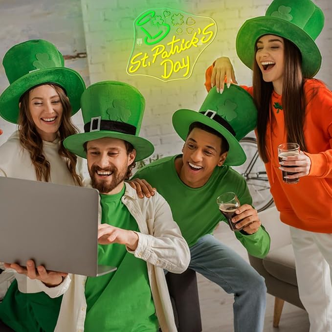St Patricks Day Neon Sign,Dimmable St. Patrick's Day Neon Signs for Wall Decor,Green Hat Clover Neon Light Happy St. Patrick's Day Decoration USB Led Sign for Bedroom Living Room Wall Art