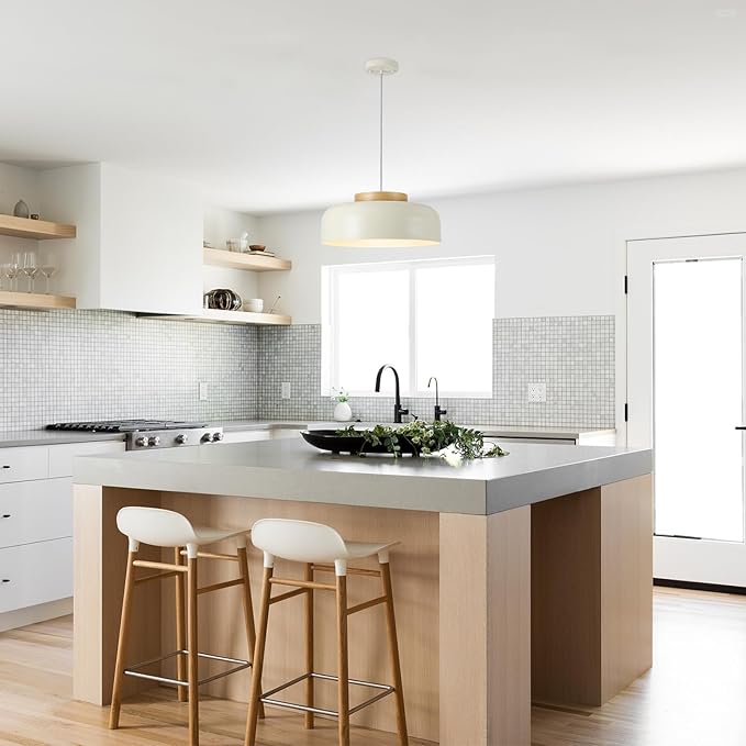 Modern Large Pendant Light, 17.7 inch,Cream Lampshade,Natural Wood,Simple Chandelier for Dining Room,Kitchen Table