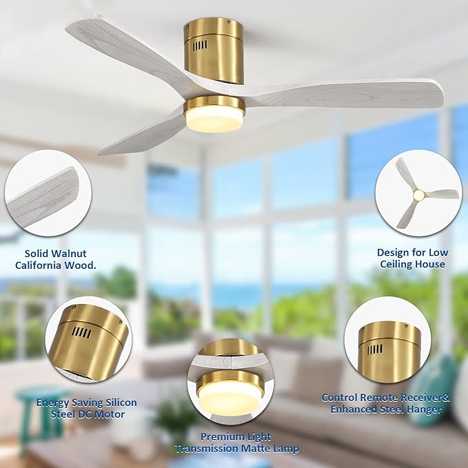 Sofucor Low Profile Ceiling Fan, Flush Mount Ceiling Fan with Lights and Remote Control, 52'' Wood Ceiling Fan with 3 Color Temperature & Adjustable Brightness, Gray Wood