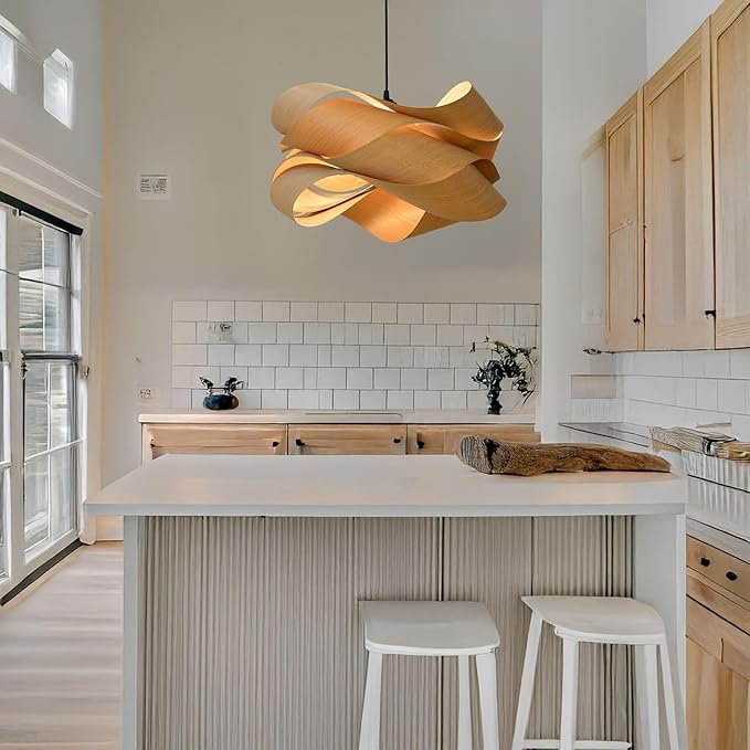 Modern Pendant Light, Nordic Organic Pendant Light, Woven Wood Wave Shade Hanging Lamp, Natural Tone Ceiling Lighting Fixture, for Living Room, Dining Room, Bedroom, Hallway Decor.(Light Color)