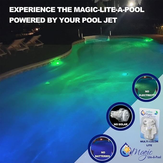 | New and Improved | Jet with LED Lights Provide Mood Pool Lighting w/o Batteries | Powered by Pool Jets | No Tools Req’d Simply Screw in & Replace Your Standard 1.5” Jet Return