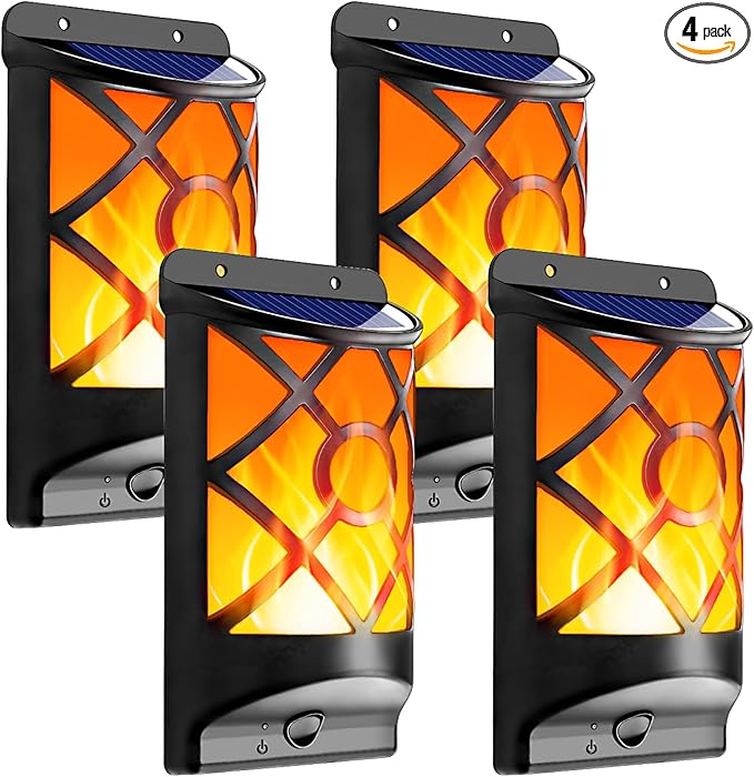 Solar Flame Lights Outdoor, Realistic 3D Flickering Flames with 66 Ultra-Bright LEDs - IP65 Waterproof Wall Mount Lanterns for Deck, Fence, Patio, Garden, Auto On/Off (4-Pack Value Set)