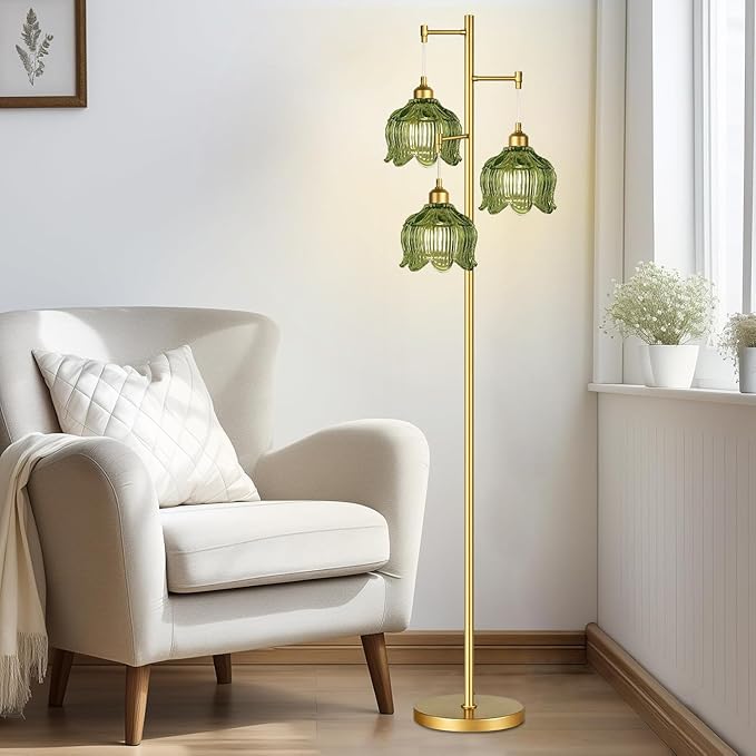 Glass Floor Lamp for Living Room,Bedroom,Gold Mid Century Modern Standing Lamp Brass Tree 3 Light Tall Floor Lamps Vintage Retro Floor Lights Green Flower Lamp Shade Farmhouse Boho Bohemian