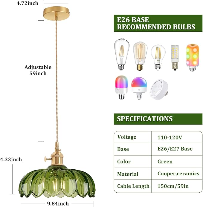 Pendant Light with Green Scindapsus Glass Lmapshade, Brass Vintage Pendant Light Adjustable Hanging Light for Kitchen Island Dining Room Hallway