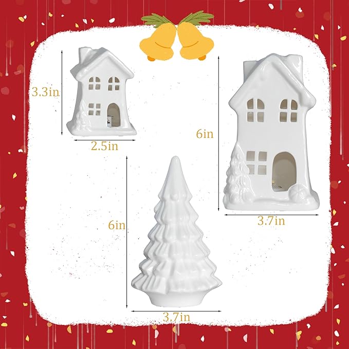 NEROSUN Ceramic Christmas Village Houses, 3Pcs LED Lighted Porcelain White Small House and Xmas Tree Tabletop Figurines, Light Up Christmas Decorations for Home Shelf Cabinet Table Winter Decor