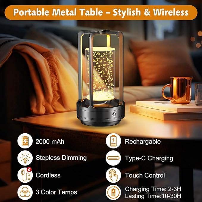 Portable Table Lamp for Outdoor Indoor: Cordless Rechargeable Desk Lamp with 3 Color Stepless Dimmable - Metal Battery Operated Lantern Light for Bedroom/Bar/Coffee Shop/Camping (Black (Bubble))