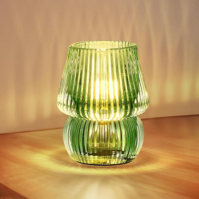 Small Battery Operated Lamp with Timer, Tiny Cordless Glass Table Lamp for Home Decor, Kitchen, Bathroom, Birthday Gift for Women, Mushroom, Green