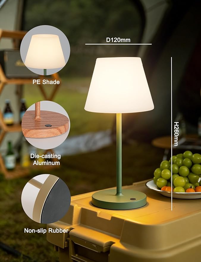 Mini LED Cordless Table Lamp Rechargeable, 3000mAh Battery Operated Shower Lamp Waterproof, Touch Dimmable 2700K Night Light for Patio Camping Dining Outdoor (Mini Green)