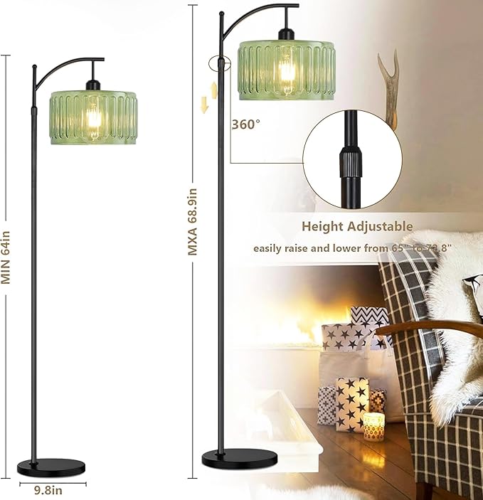Black Floor Lamp for Living Room,Bedroom,Standing Lamp with Remote Dimmable Tall Lamp Vintage Retro Mid Century Modern Floor Lamps Arc Green Glass Lamp Floor Light Boho Bohemian