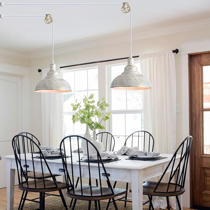 White Plug in Pendant Light Hanging Lamps for Living Room 15FT Dimmable Switch Adjustable Pulley Hanging Lights with Plug in Cord for Kitchen Bedroom 2 Pack